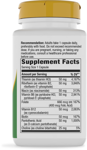 A white supplement bottle with a yellow cap displays detailed supplement facts, including ingredients like Thiamin, Riboflavin, Niacin, and B12, along with usage recommendations.