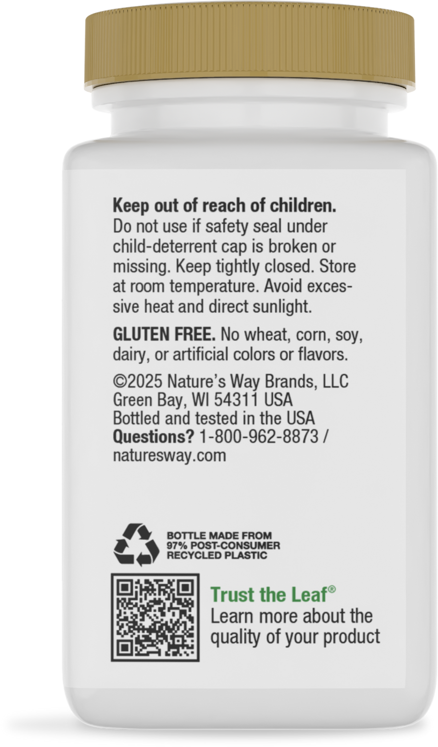 A white supplement bottle with a gold cap displays safety warnings, storage instructions, and a gluten-free label, along with a QR code for product information.