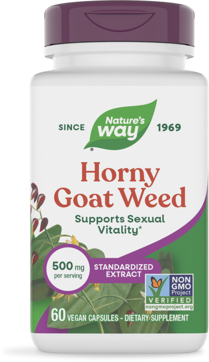 A white bottle labeled "Horny Goat Weed" from Nature's Way contains 60 vegan capsules, promoting sexual vitality with a dosage of 500 mg per serving and features a Non-GMO Project Verified seal.