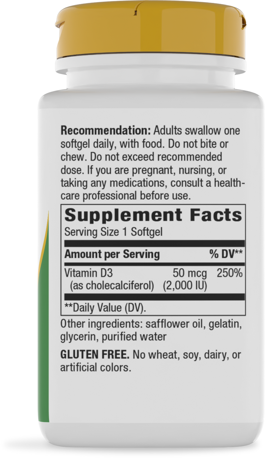 A white bottle with a yellow cap displays supplement facts, including a recommendation to take one softgel daily, highlighting Vitamin D3 content and noting it is gluten-free.