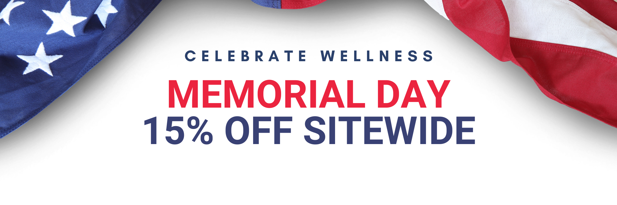 A graphic featuring red and blue elements with stars announces a Memorial Day sale, offering 15% off sitewide, promoting wellness-themed products.