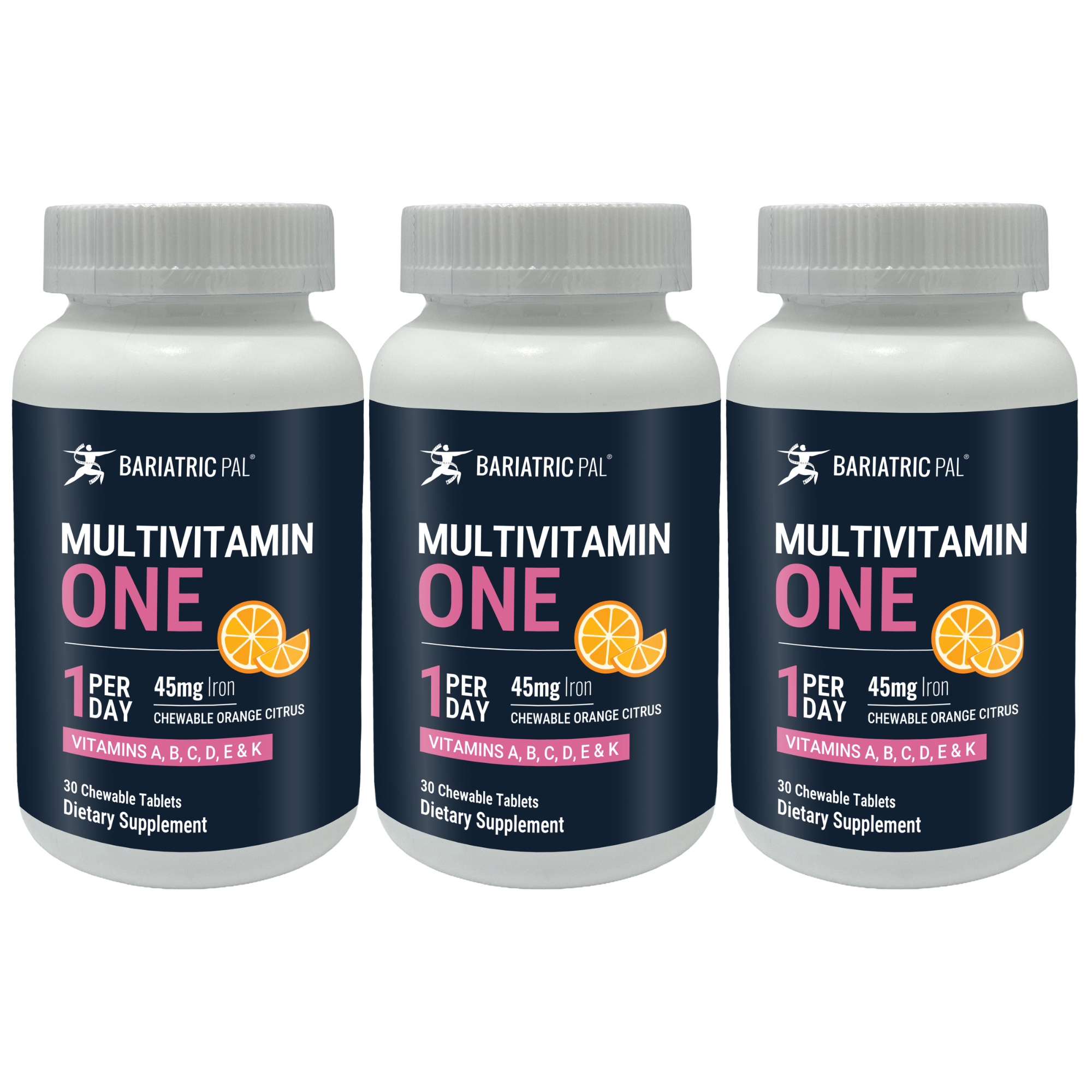 Three bottles of Bariatric Pal Multivitamin One, featuring a citrus design, each containing 30 chewable tablets with 45mg of iron and vitamins A, B, C, D, E, and K, labeled for daily use.