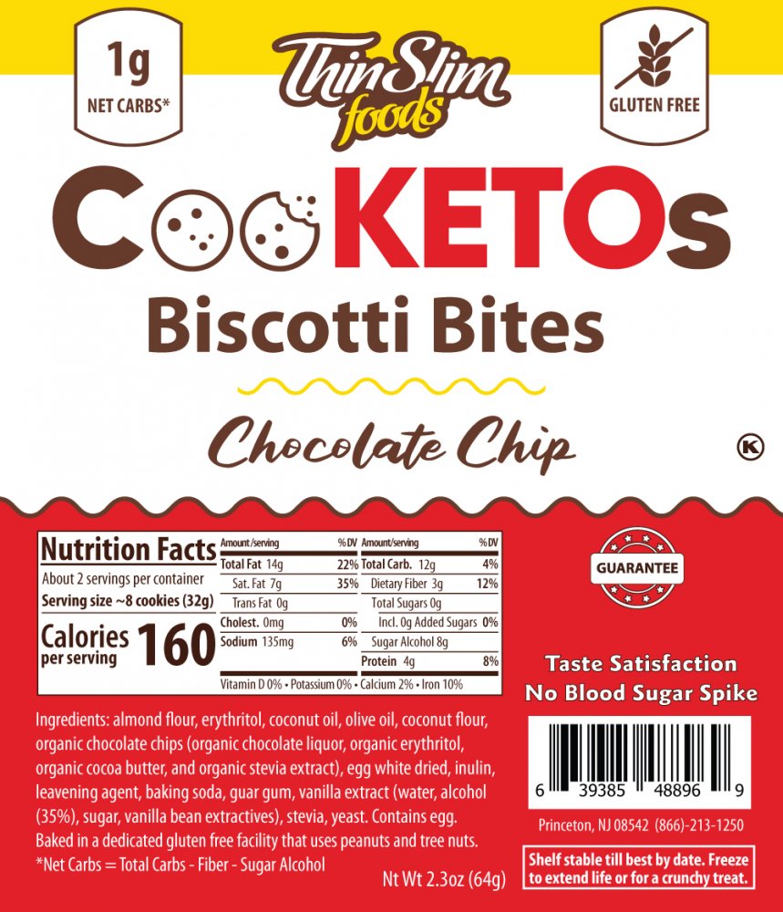 Thin Slim Foods CoOKETOs Biscotti Bites in Chocolate Chip flavor, featuring a bright red and yellow packaging, highlight nutritional information and ingredients, emphasizing gluten-free and low-carb benefits.