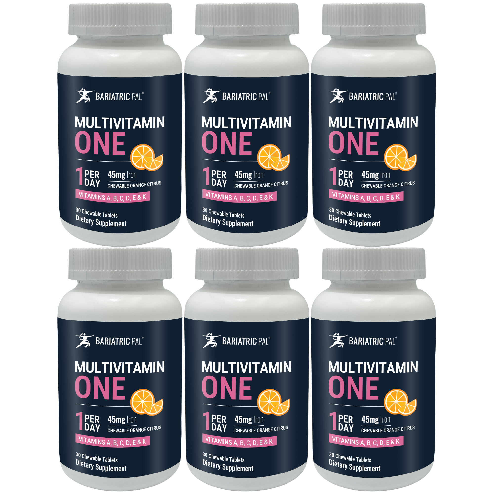 Six bottles of Bariatric Pal Multivitamin One, featuring a dark blue label with orange citrus graphics, highlight that each bottle contains 30 chewable tablets with 45 mg of iron and essential vitamins.