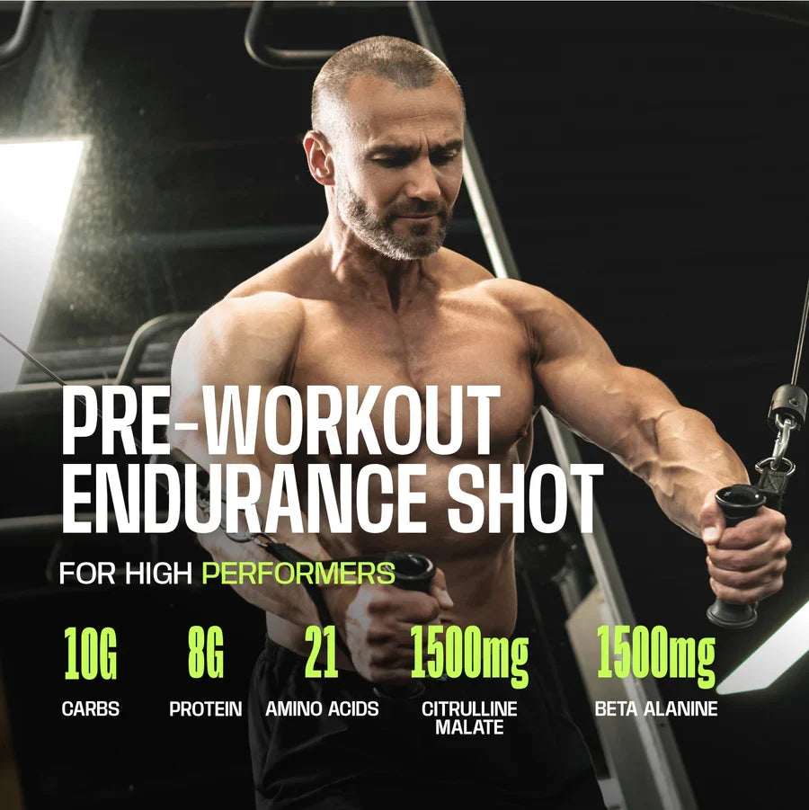 A muscular man performs an exercise in a gym, showcasing a pre-workout endurance shot product with details about its nutritional benefits prominently displayed.