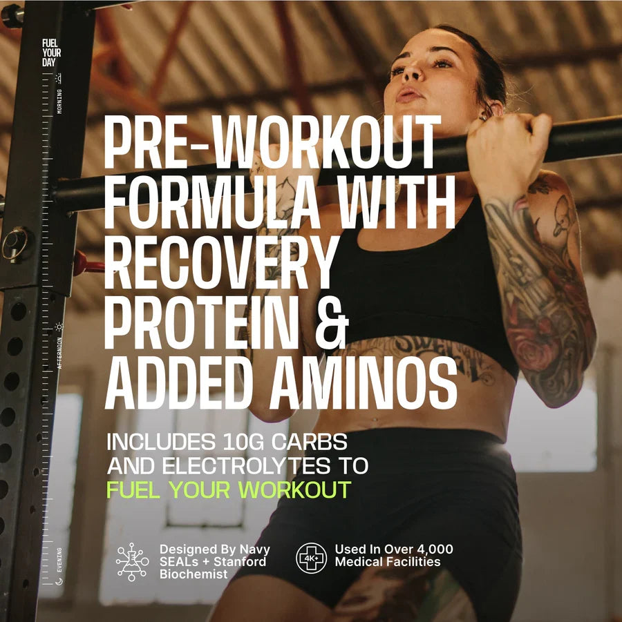 A woman with tattoos performs a pull-up in a gym, showcasing strength and focus, while text highlights a pre-workout formula with recovery protein and electrolytes to enhance workouts.