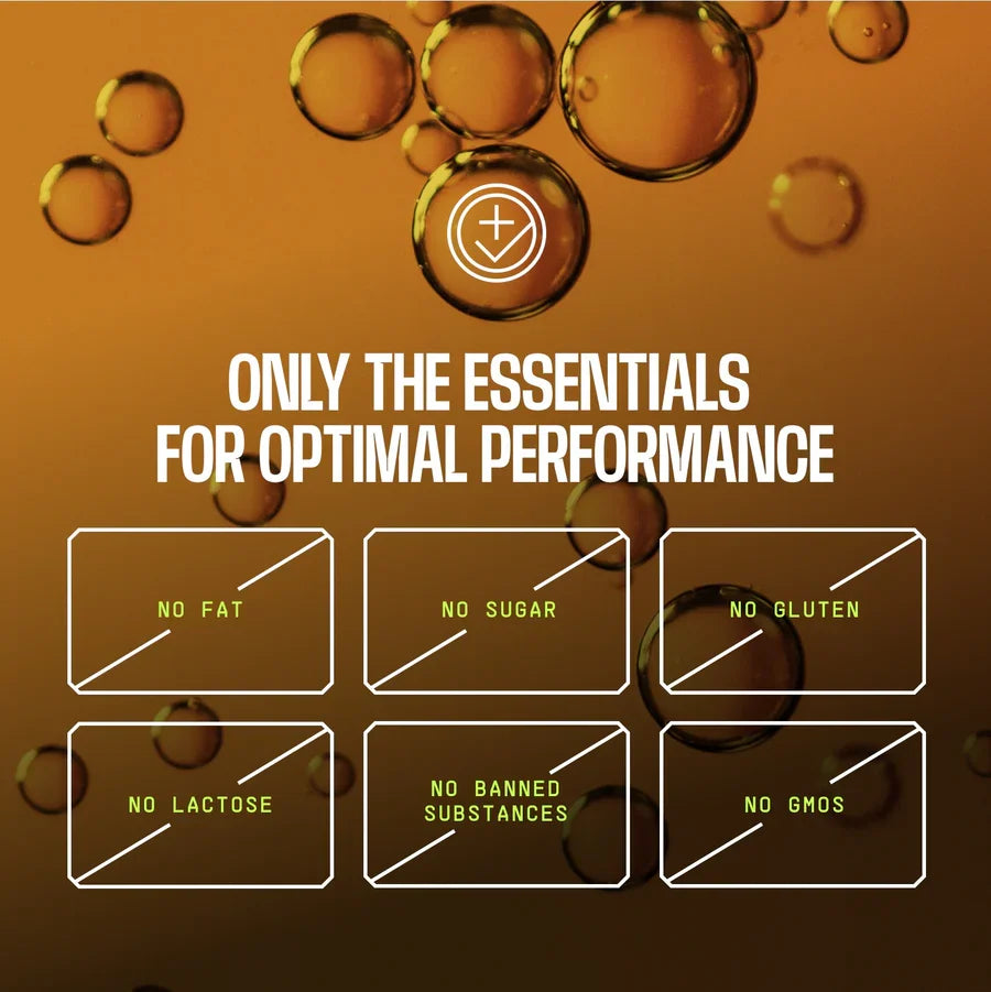 Orange background with bubbles features bold text stating "Only the essentials for optimal performance," listing key attributes: no fat, sugar, gluten, lactose, banned substances, or GMOs.