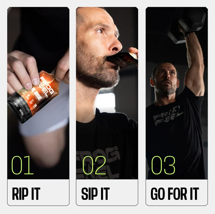 A man demonstrates three steps for using a fitness product: ripping open a packet, sipping from it, and lifting a dumbbell, all set in a well-lit gym environment.