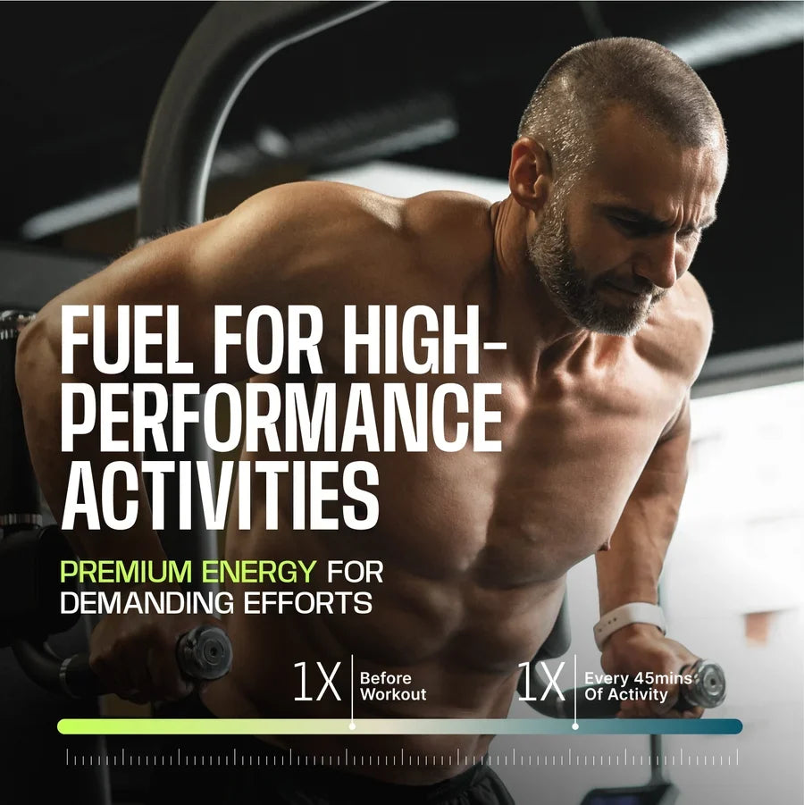 A muscular man performs a workout on gym equipment, focused and determined, with text promoting a premium energy product for high-performance activities.