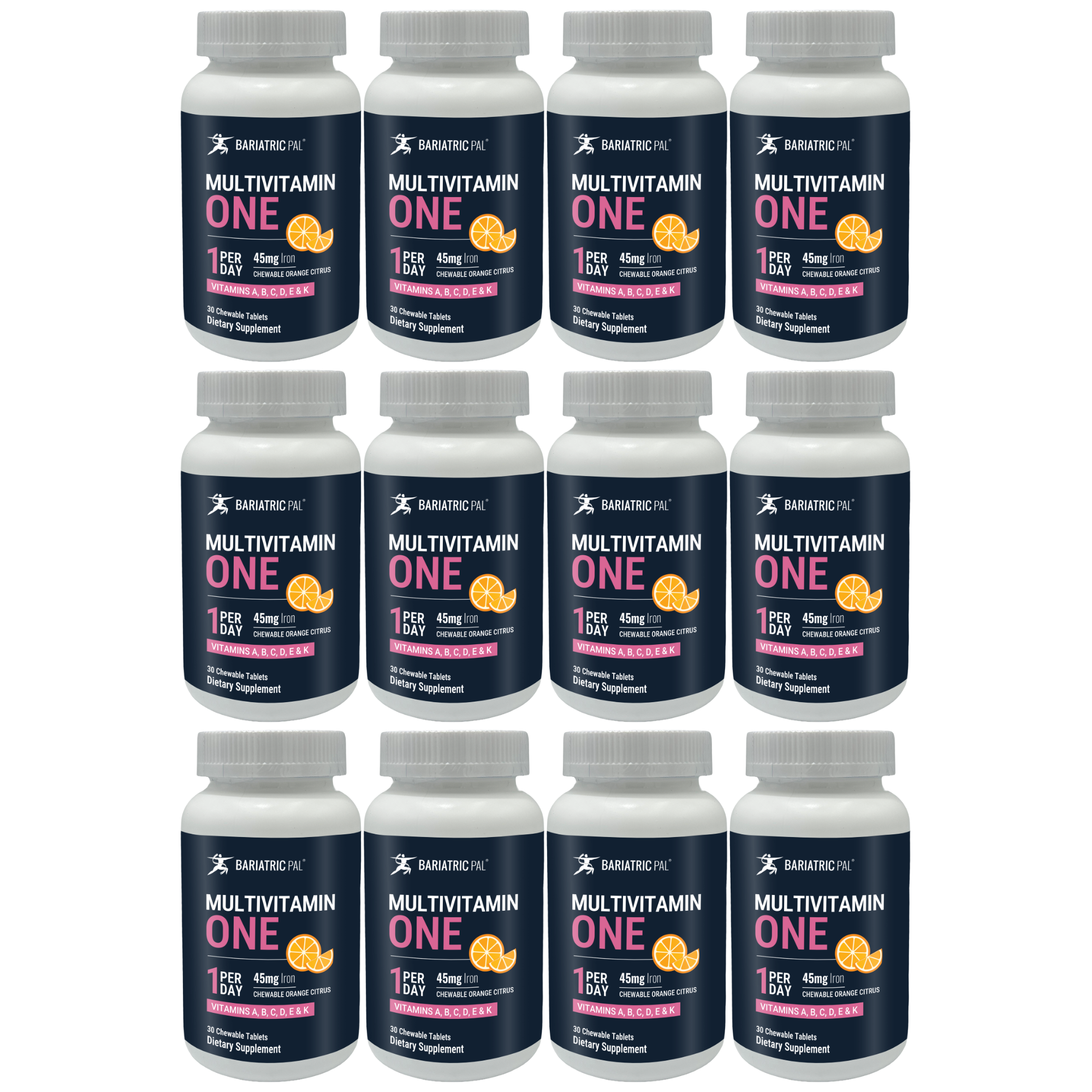 Twelve bottles of Bariatric Pal Multivitamin One are arranged in a grid, each labeled as a dietary supplement with details about daily dosage and vitamin content, featuring a citrus flavor.
