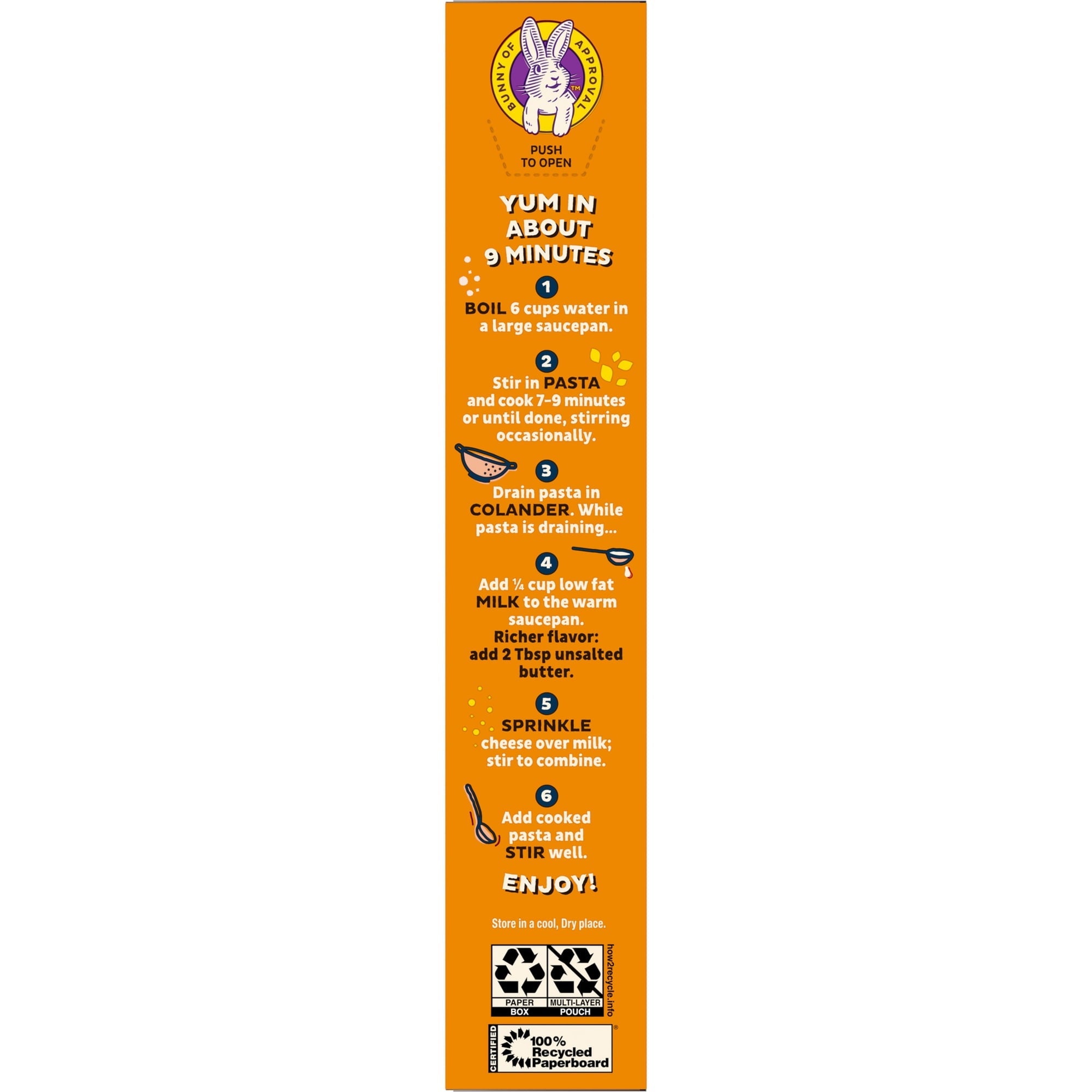 A vertical recipe card with an orange background provides step-by-step instructions for cooking pasta, featuring illustrations of ingredients and cooking tools, and includes a bunny logo at the top.