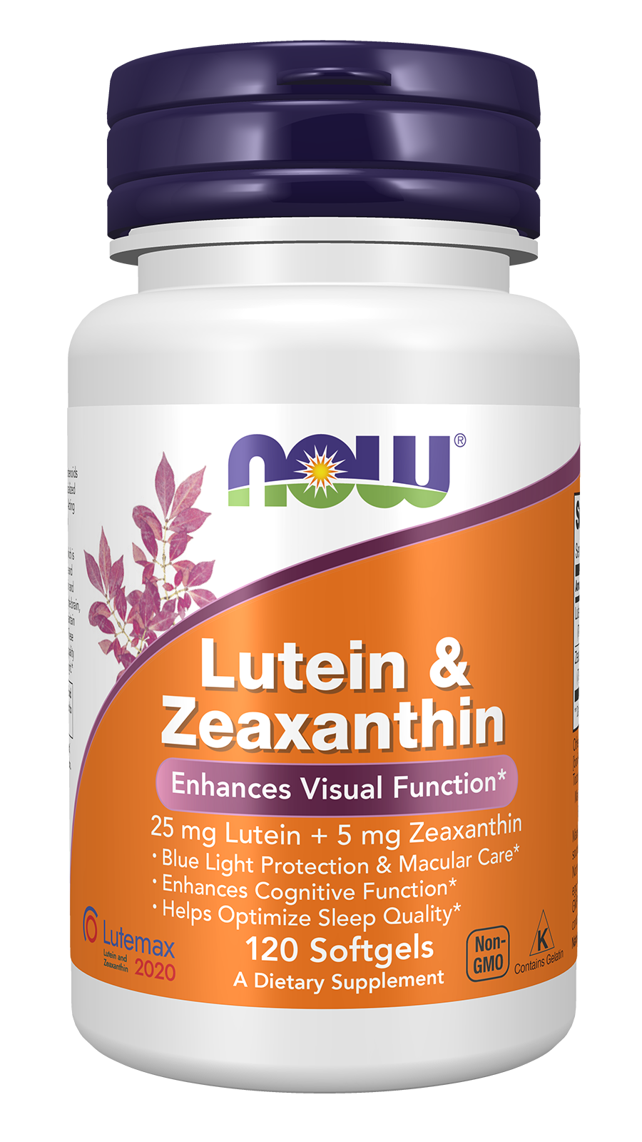 A white bottle of dietary supplement labeled "Lutein & Zeaxanthin," featuring a purple cap, highlights benefits for visual function, cognitive function, and sleep quality, with 120 softgels inside.