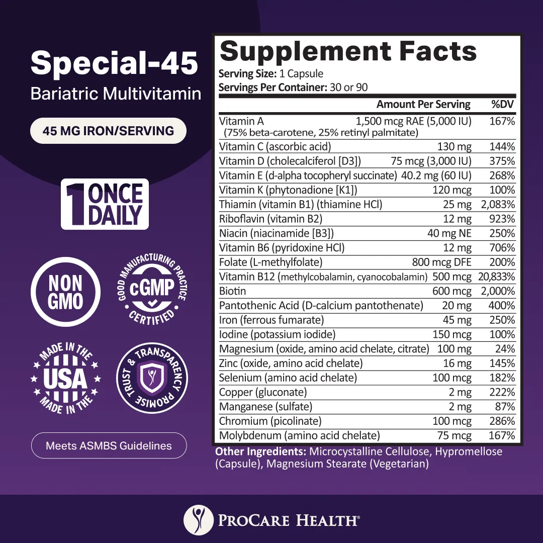 A detailed supplement facts label for ProCare Health's Special-45 Bariatric Multivitamin, listing vitamins and minerals with their amounts, serving size, and daily value percentages.