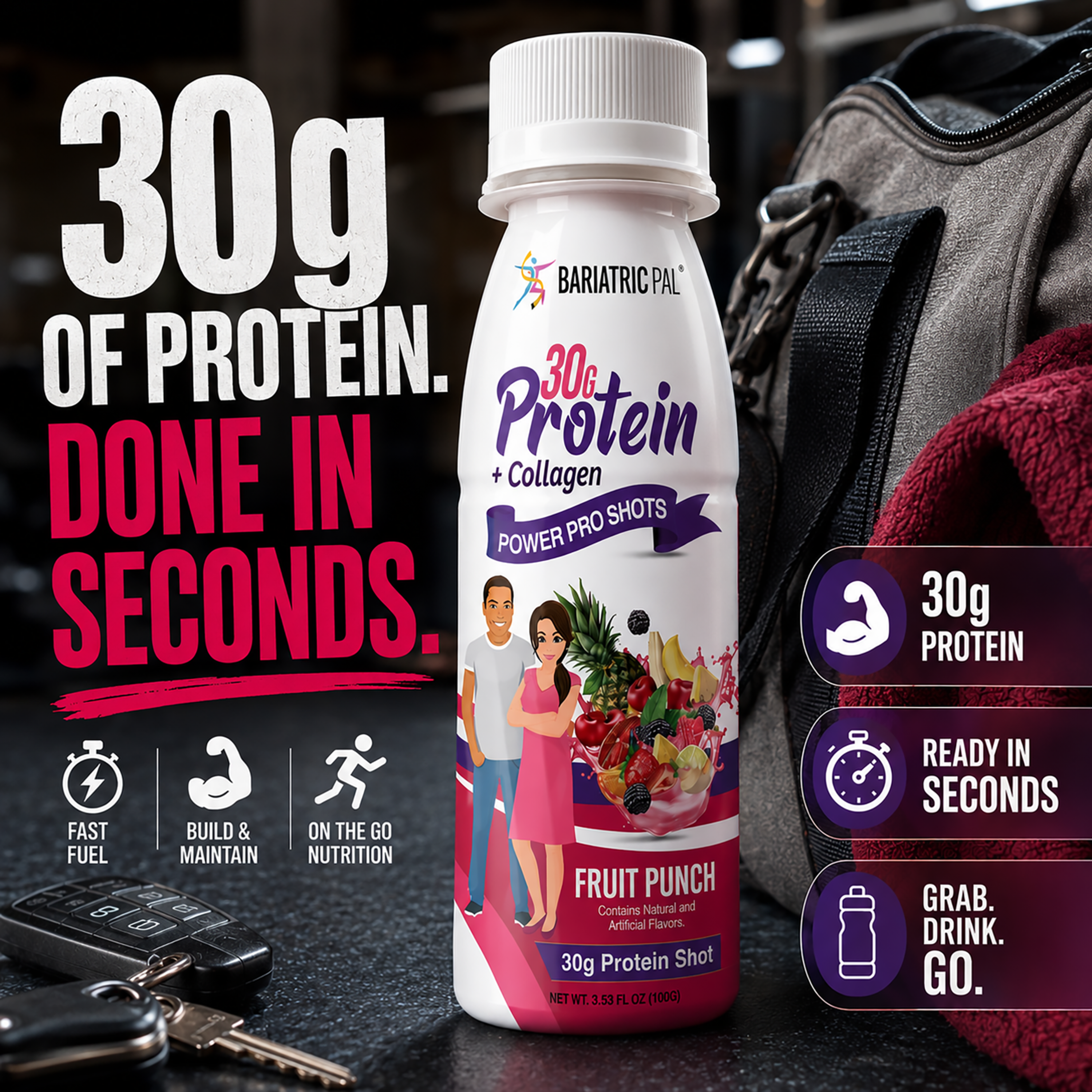 BariatricPal Fruit Punch + Collagen Power Shot with 30 grams of protein in a 3-fluid-ounce bottle.