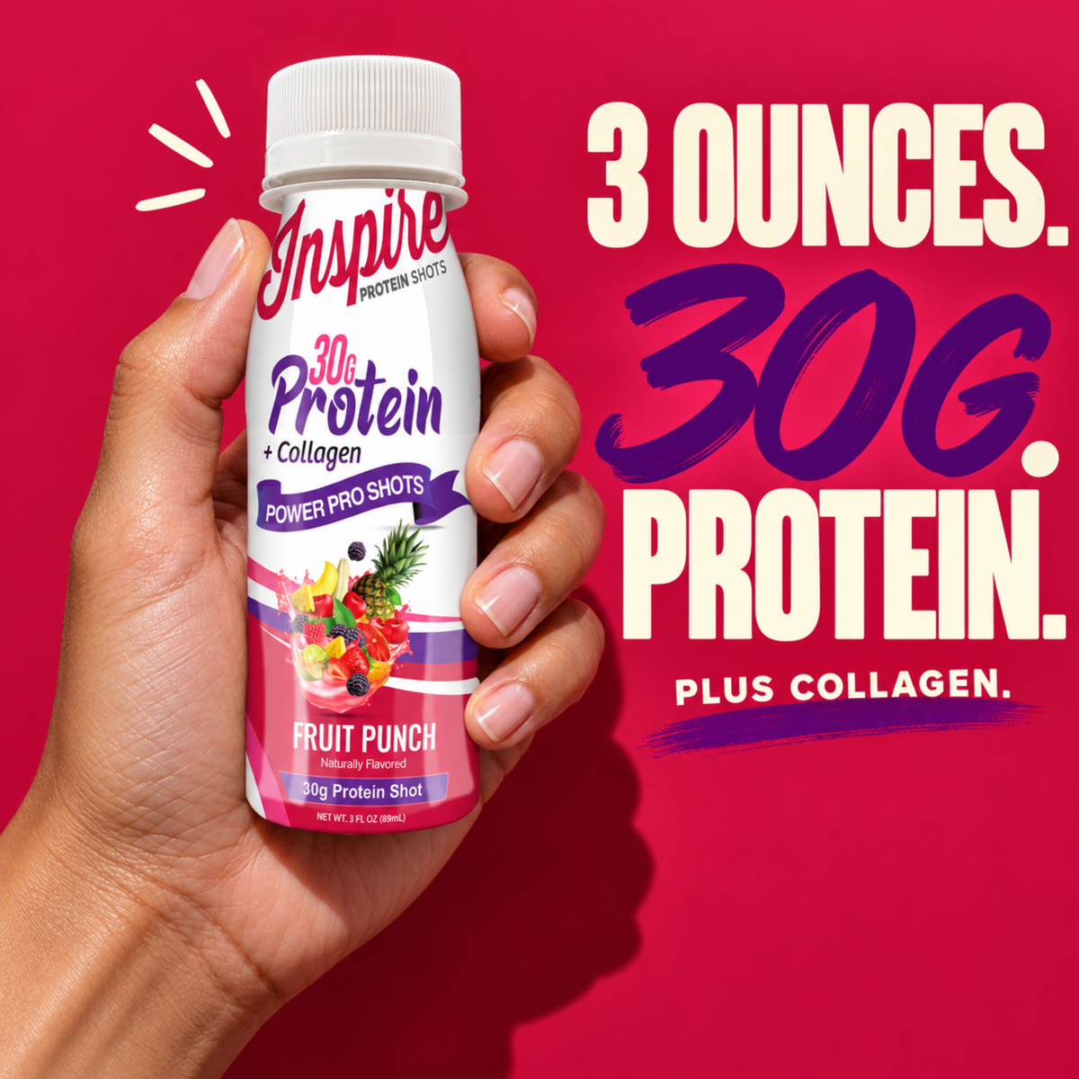 Inspire Fruit Punch + Collagen Power Shot with 30 grams of protein in a 3-fluid-ounce bottle.