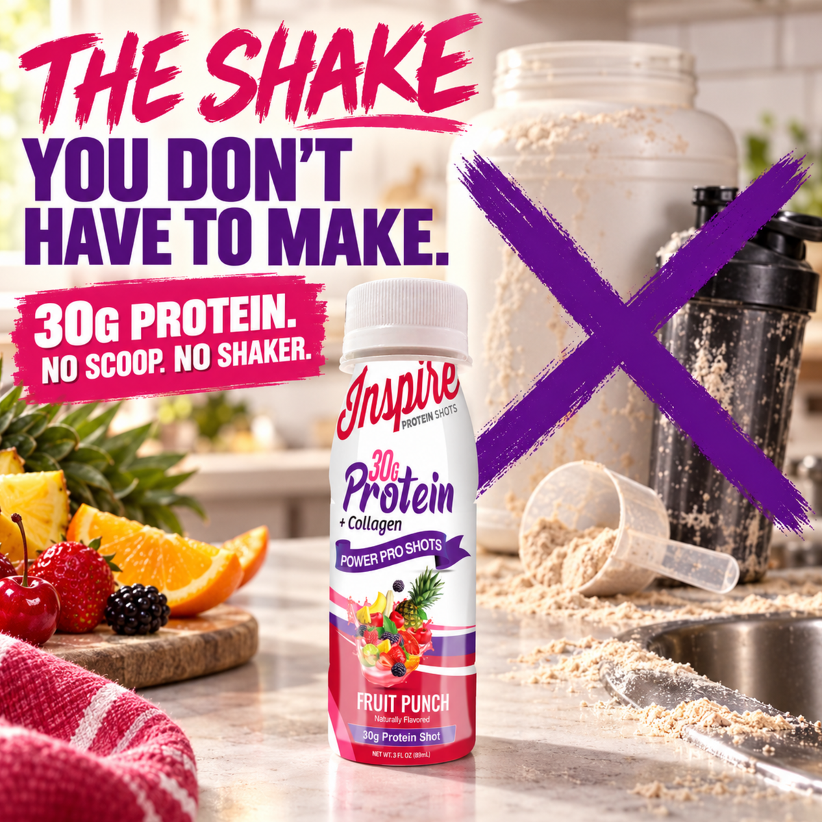 Inspire Fruit Punch + Collagen Power Shot with 30 grams of protein in a 3-fluid-ounce bottle.