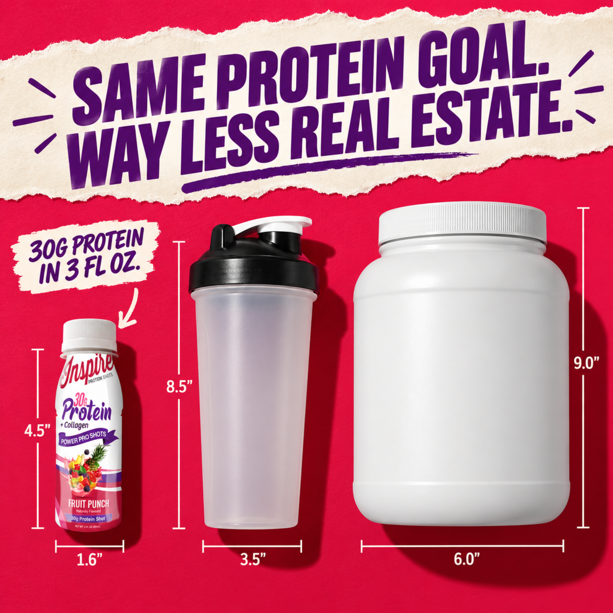 Inspire Fruit Punch + Collagen Power Shot with 30 grams of protein in a 3-fluid-ounce bottle.