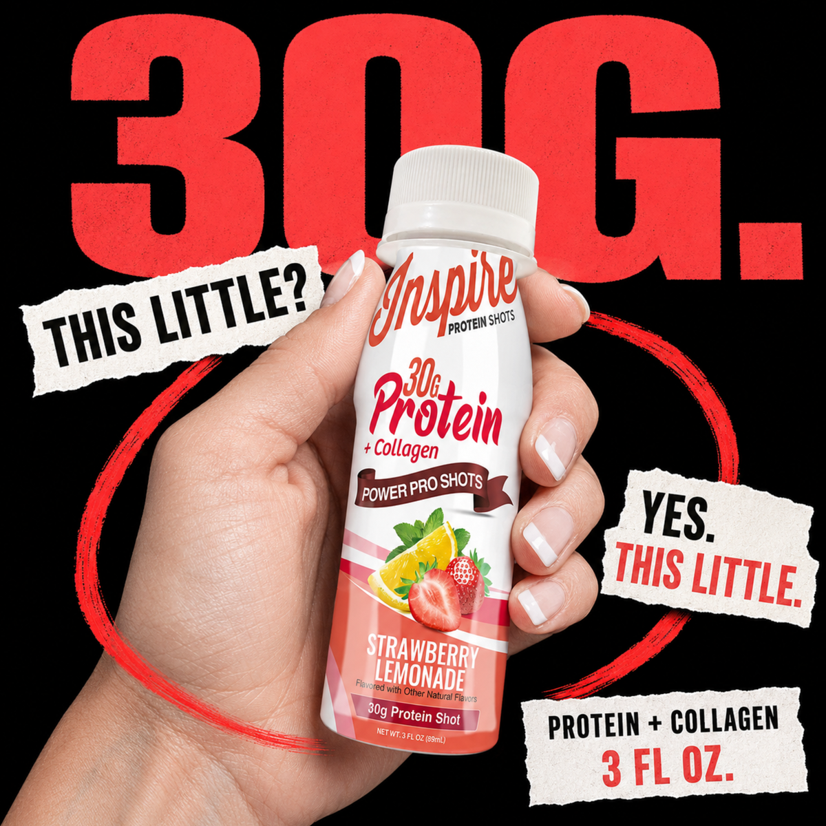 Inspire Strawberry Lemonade Power Shot with 30 grams of protein plus collagen in a 3-fluid-ounce serving.