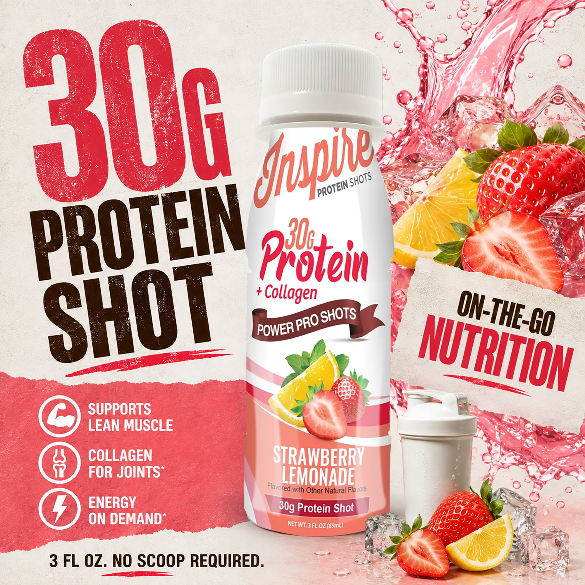 Inspire 30g Whey & Collagène Pro Shots de Protéines Complètes - Limonade Fraise