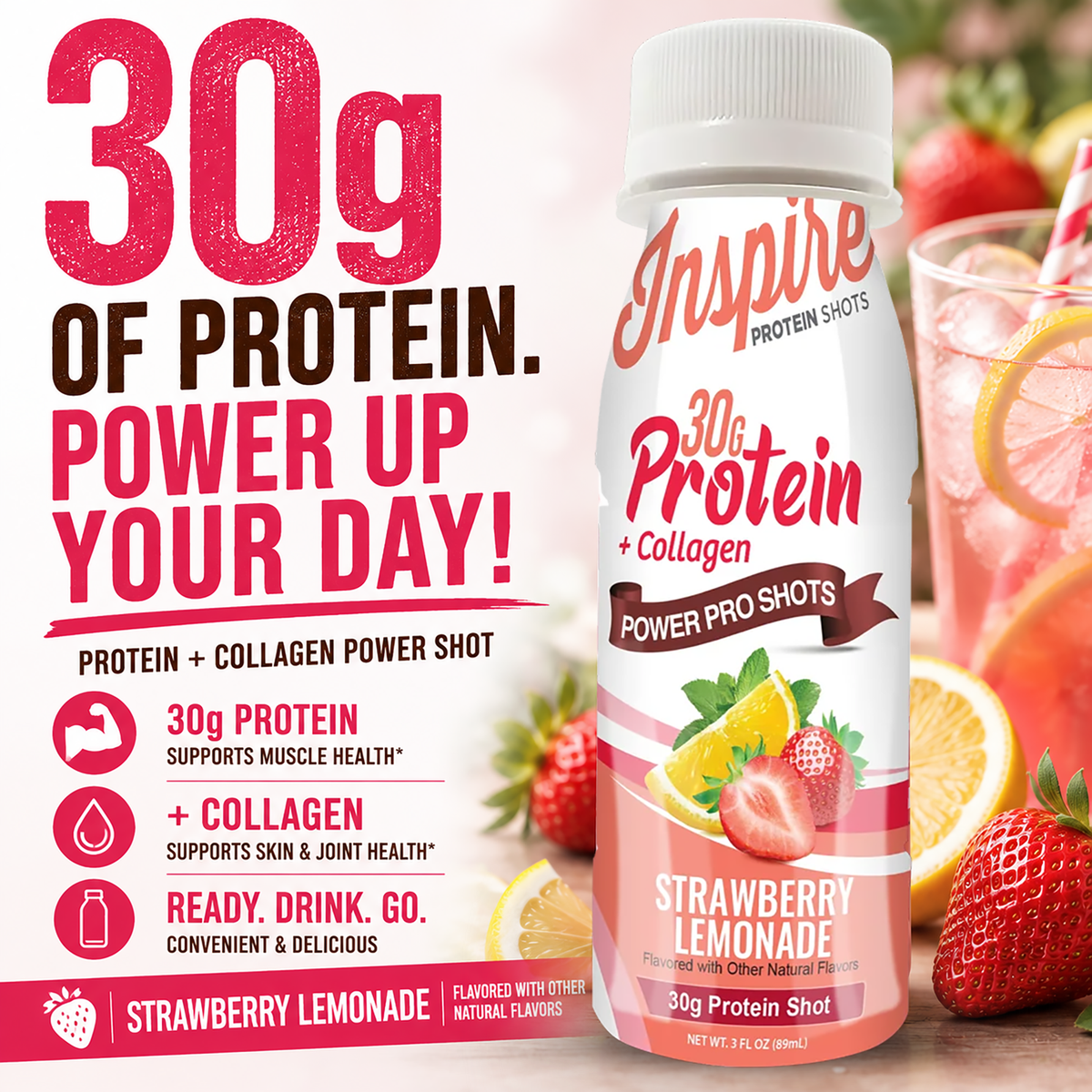 Inspire Strawberry Lemonade Power Shot with 30 grams of protein plus collagen in a 3-fluid-ounce serving.