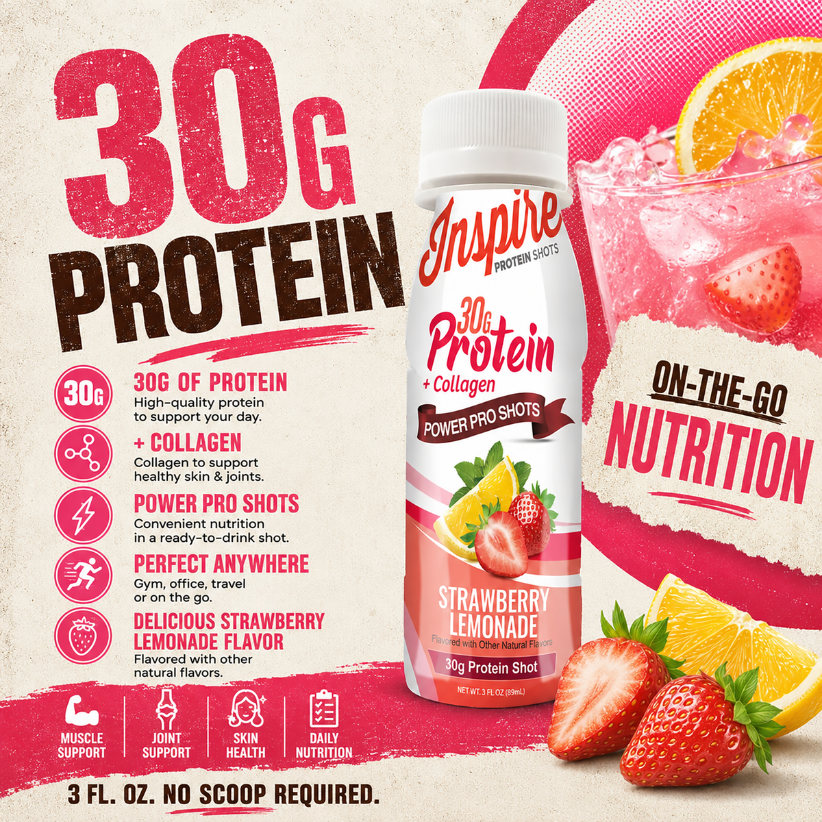 A bottle of Inspire protein shot featuring a strawberry lemonade flavor, highlighting 30 grams of protein and collagen, set against a vibrant background with fresh strawberries and lemon slices.