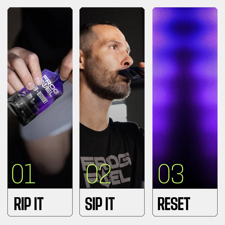 A man with a beard is shown in three steps: first, he rips open a pouch labeled "Frog Fuel," then he sips from it, and finally, a purple background indicates a reset or refresh.