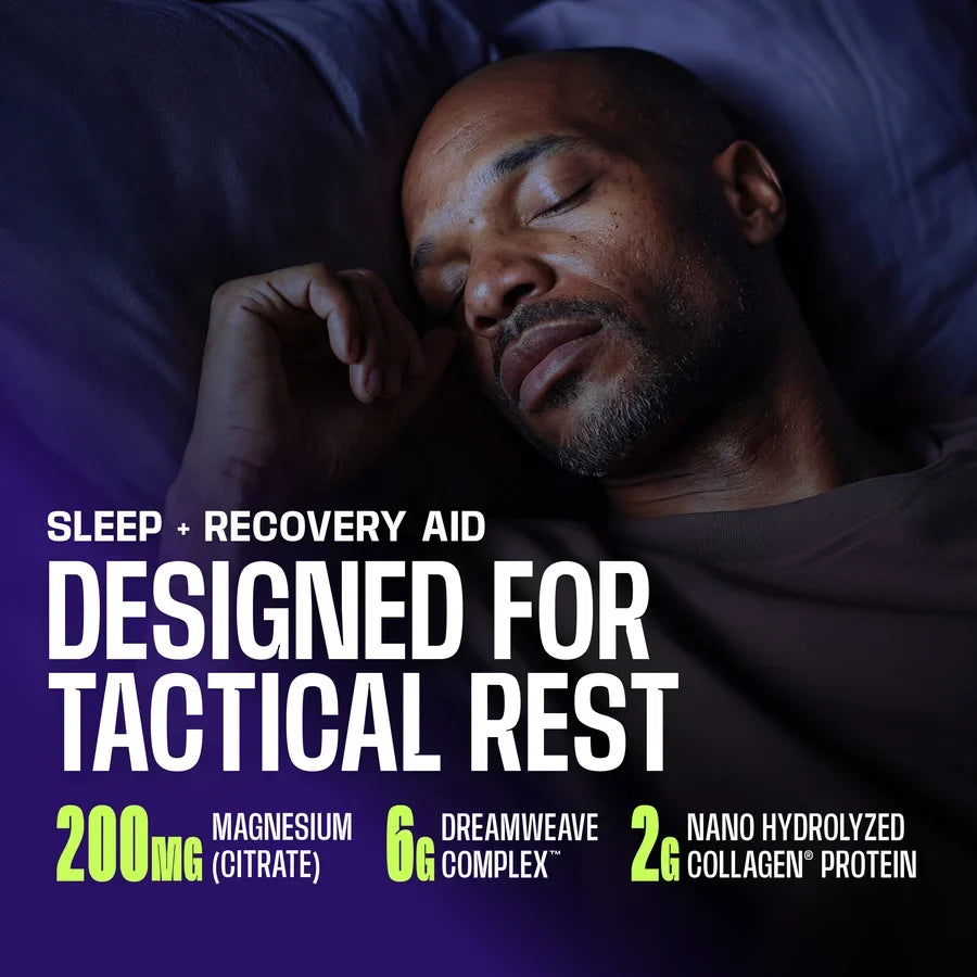 A man with a short beard sleeps peacefully on a bed, with text highlighting a sleep and recovery aid featuring magnesium, Dreamweave Complex, and collagen protein for tactical rest.