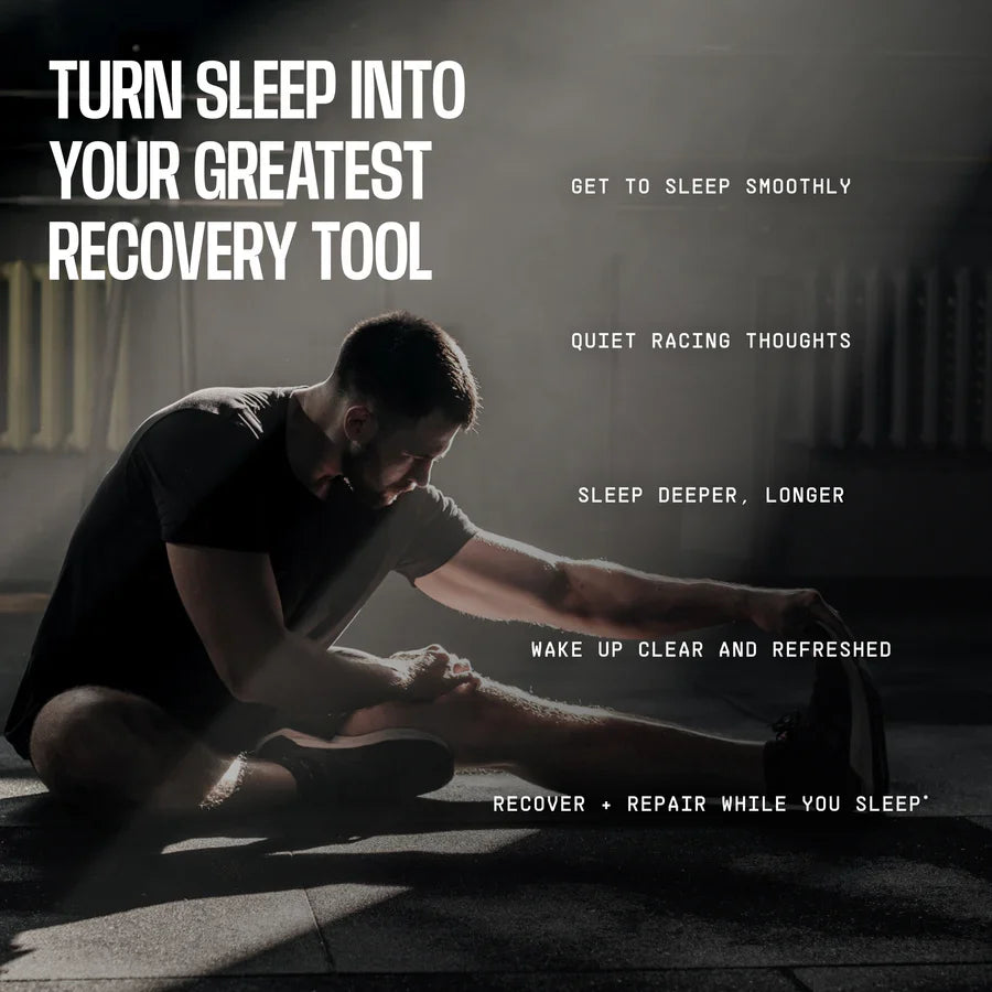 A man stretches on a gym floor, surrounded by soft lighting, while text highlights the benefits of sleep as a recovery tool for better rest and mental clarity.