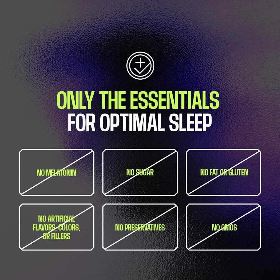 Text on a dark background highlights "Only the Essentials for Optimal Sleep," listing exclusions like melatonin, sugar, fat, gluten, artificial ingredients, preservatives, and GMOs.