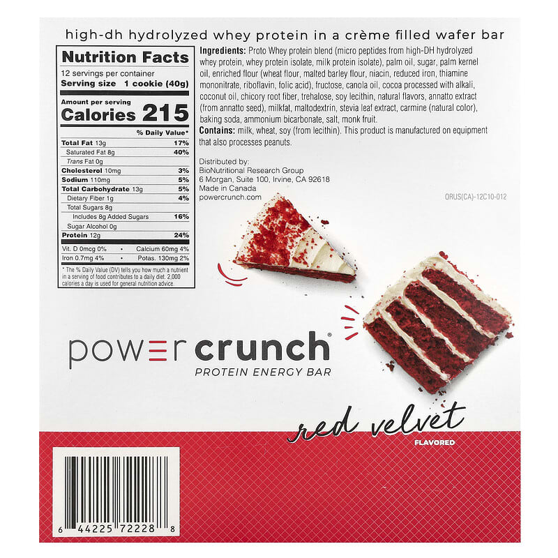 A nutrition facts label for Power Crunch red velvet protein energy bar, featuring details on calories, ingredients, and serving size, alongside an image of the bar with layers and cream filling.