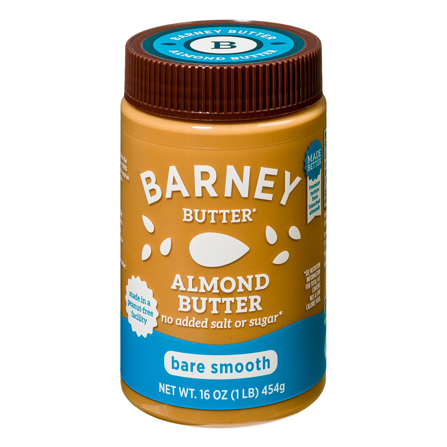 A jar of Barney Butter almond butter with a brown lid, labeled "bare smooth," highlights its features, including "no added salt or sugar" and a net weight of 16 ounces.