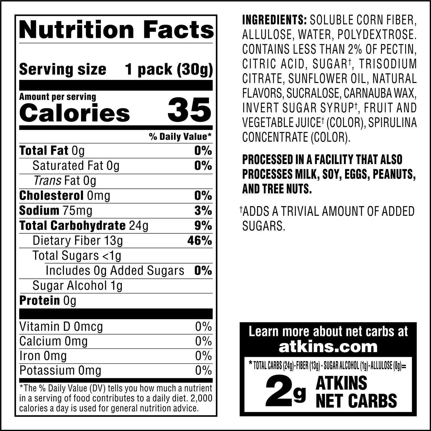 A nutrition facts label displays serving size, calories, and detailed nutritional information, including total fat, carbohydrates, fiber, and ingredients for a low-calorie product.