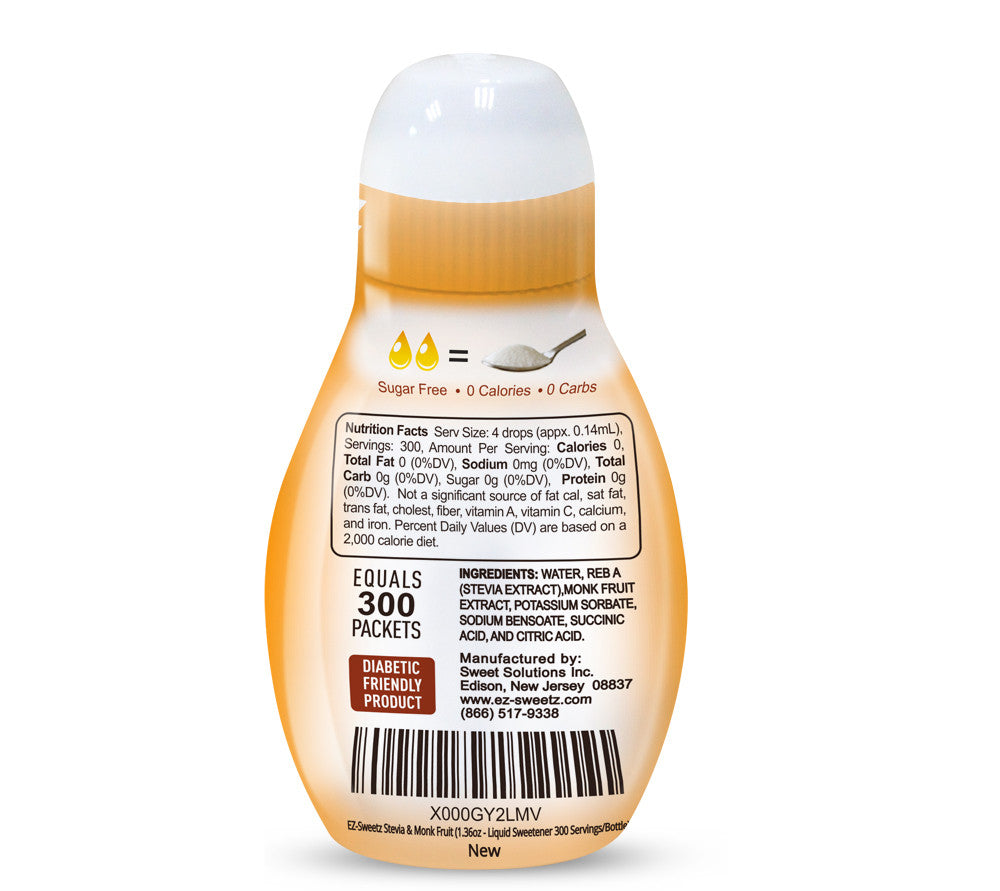 A liquid sweetener bottle labeled as sugar-free, containing 300 servings, with nutritional information and ingredients listed on the back, designed for diabetic-friendly use.