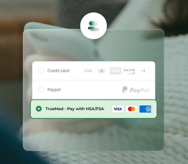 A close-up view of a mobile payment screen showing options for credit card and PayPal, with a highlighted selection for TrueMed payment using HSA/FSA, featuring various payment method icons.