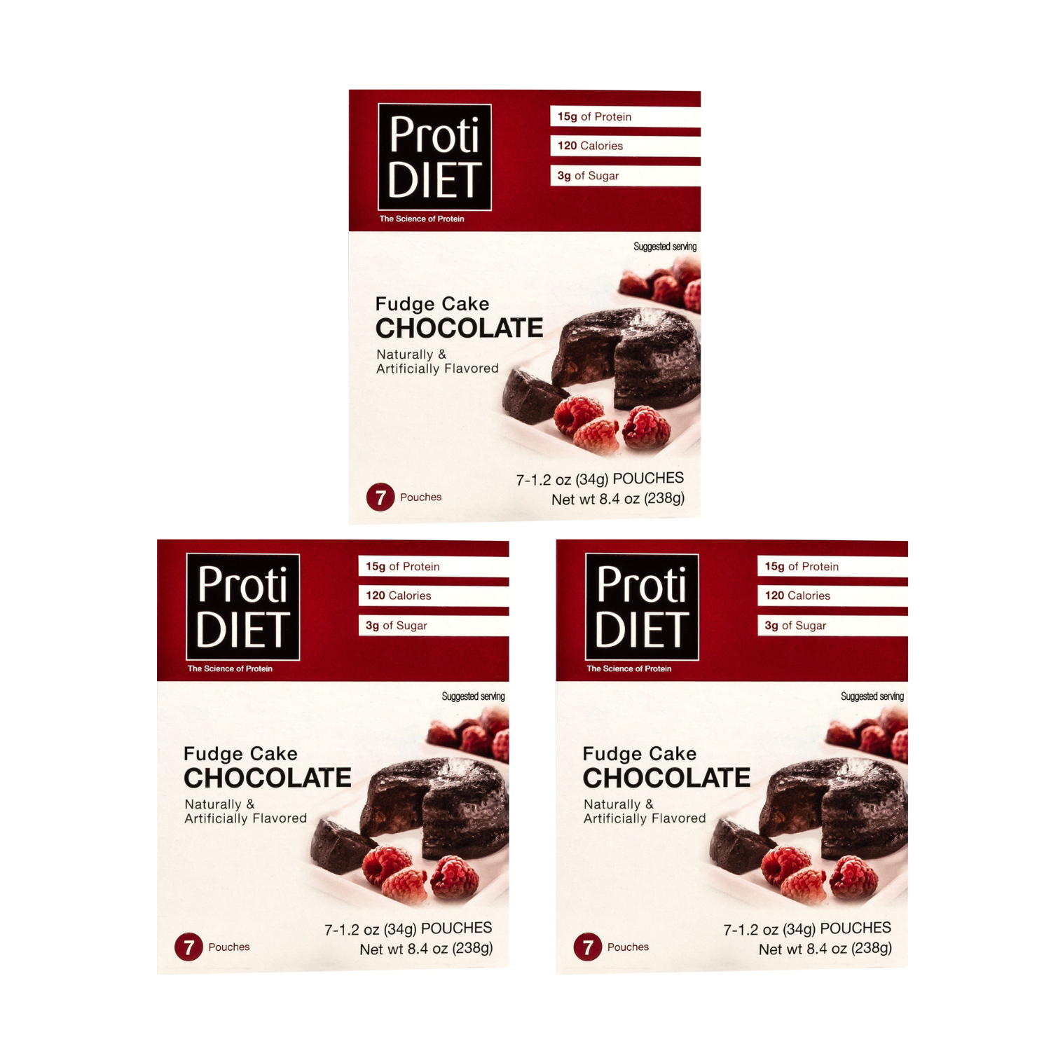 Three boxes of ProtiDIET Fudge Cake Chocolate are displayed, each containing seven individual pouches, highlighting 15 grams of protein, 120 calories, and 3 grams of sugar per serving.