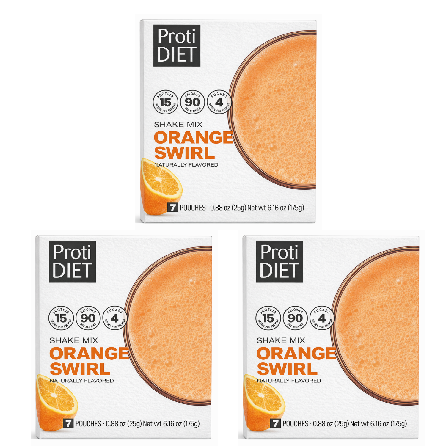 Three boxes of ProtiDIET Orange Swirl shake mix are displayed, each featuring a glass of orange drink and highlighting nutritional information, including 15 grams of protein and 90 calories per serving.