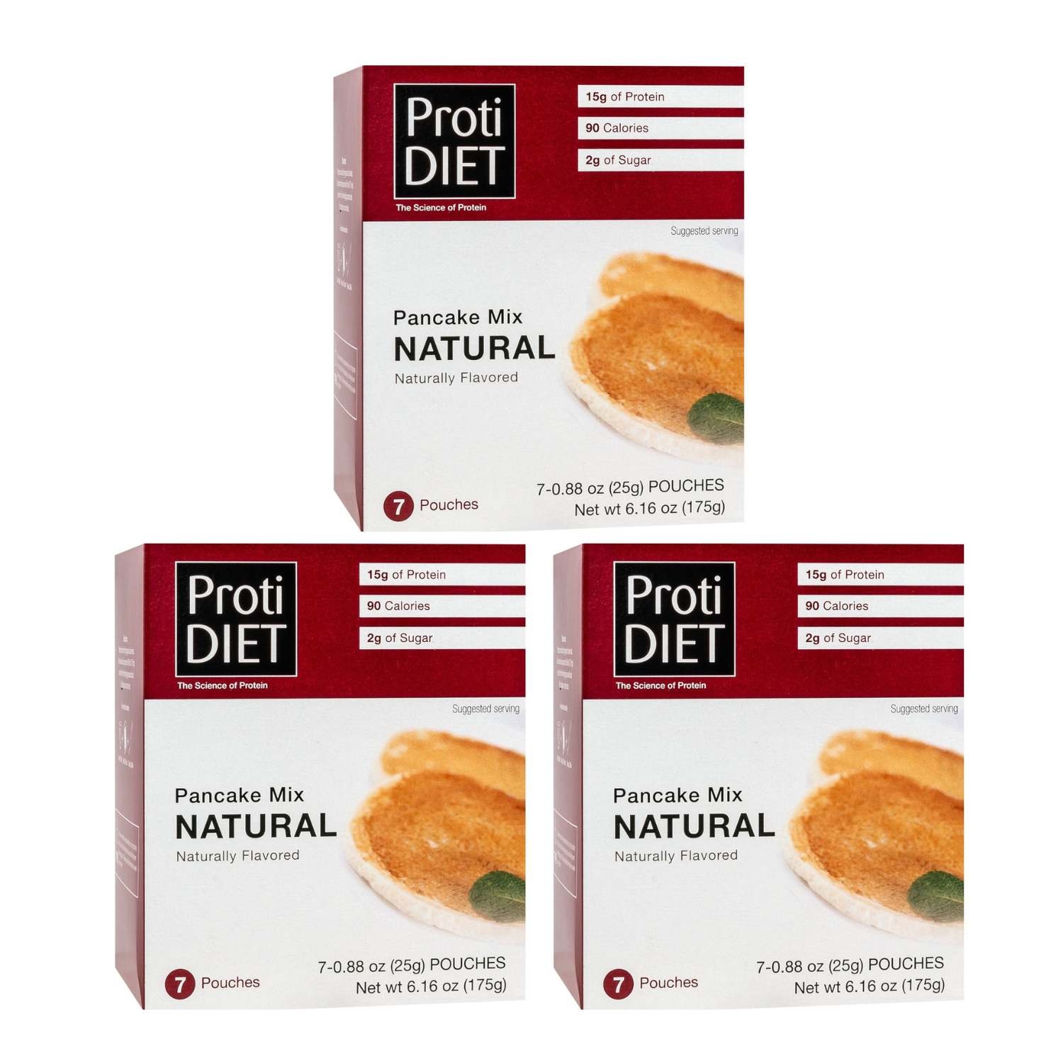 Three boxes of ProtiDIET Natural Pancake Mix are displayed, each featuring a pancake on the front, highlighting 15g of protein, 90 calories, and 2g of sugar per serving, with a total of 7 pouches.