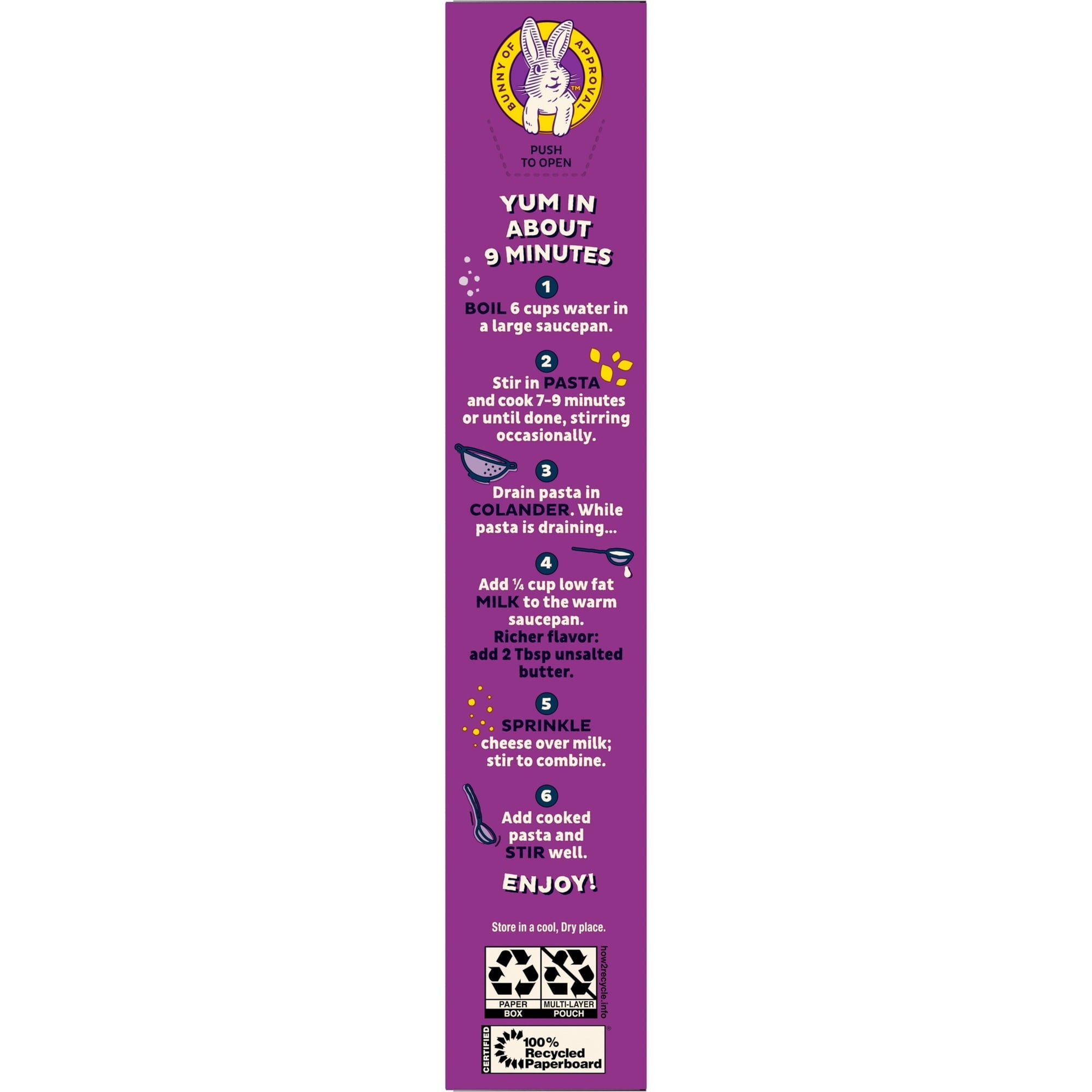 A vertical recipe card with a purple background outlines six steps for cooking pasta, including boiling water, adding ingredients, and mixing, with playful graphics and a bunny logo at the top.