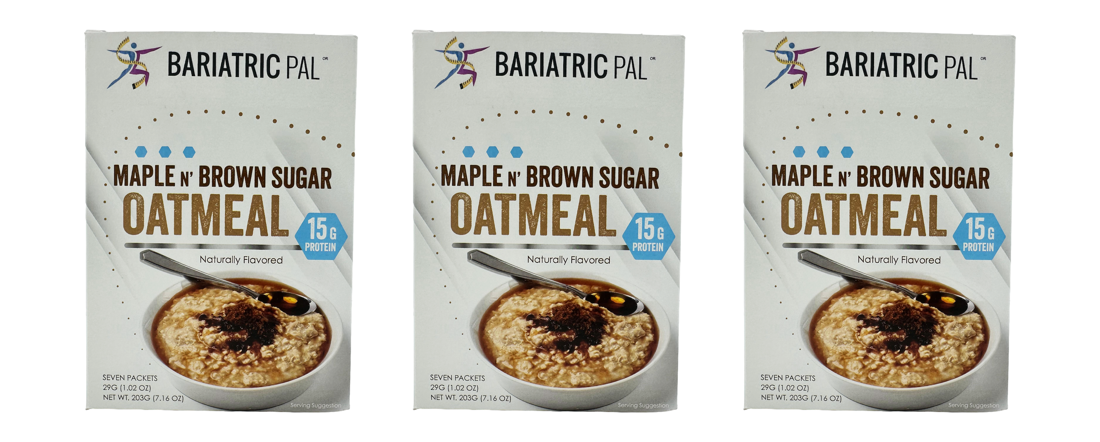 Three boxes of Bariatric Pal Maple n' Brown Sugar Oatmeal are displayed, each featuring a bowl of oatmeal topped with syrup and brown sugar, highlighting 15 grams of protein per serving.