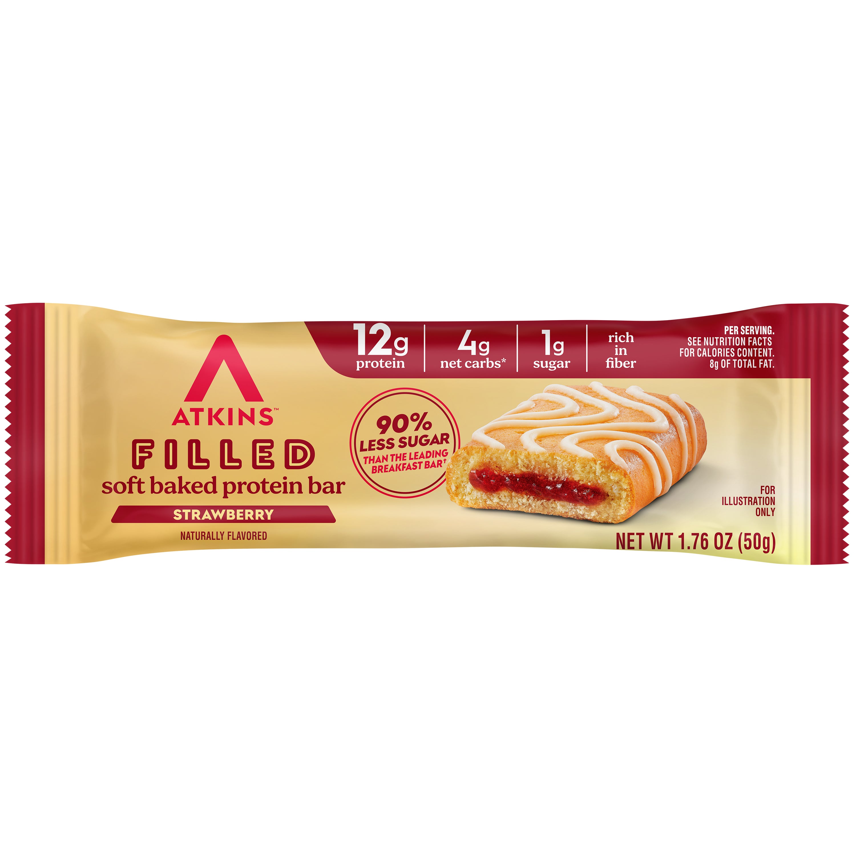 A strawberry-filled protein bar wrapper displays the Atkins logo, highlighting its nutritional benefits, including 12g of protein, 4g of net carbs, and 1g of sugar, with a soft baked appearance.