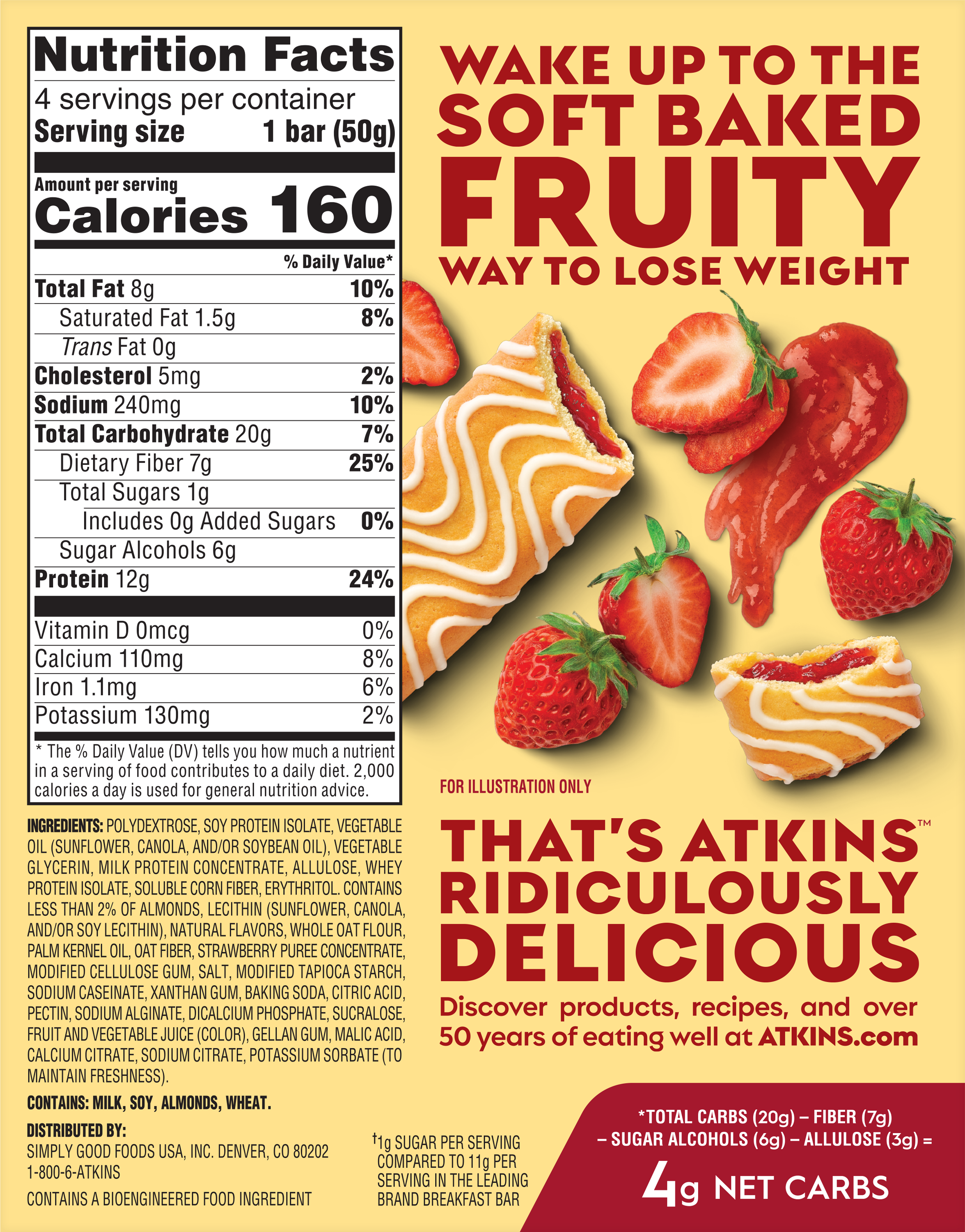 A colorful nutrition label for Atkins soft-baked fruity bars displays calorie and ingredient information, emphasizing the product as a delicious option for weight loss.