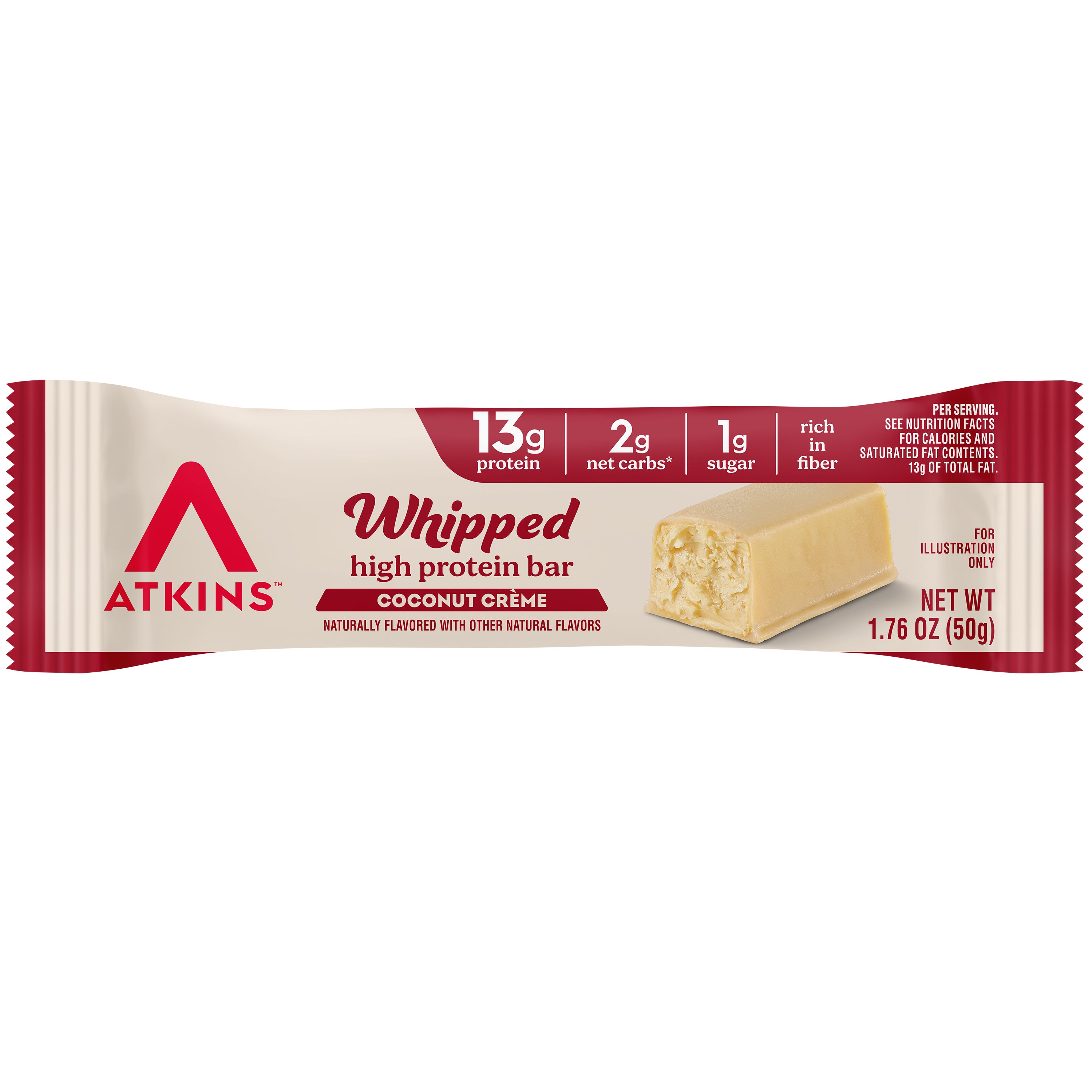 A packaged Atkins Whipped high protein bar in Coconut Crème flavor, featuring nutritional information highlighting 13g protein, 2g net carbs, and 1g sugar, displayed against a light background.
