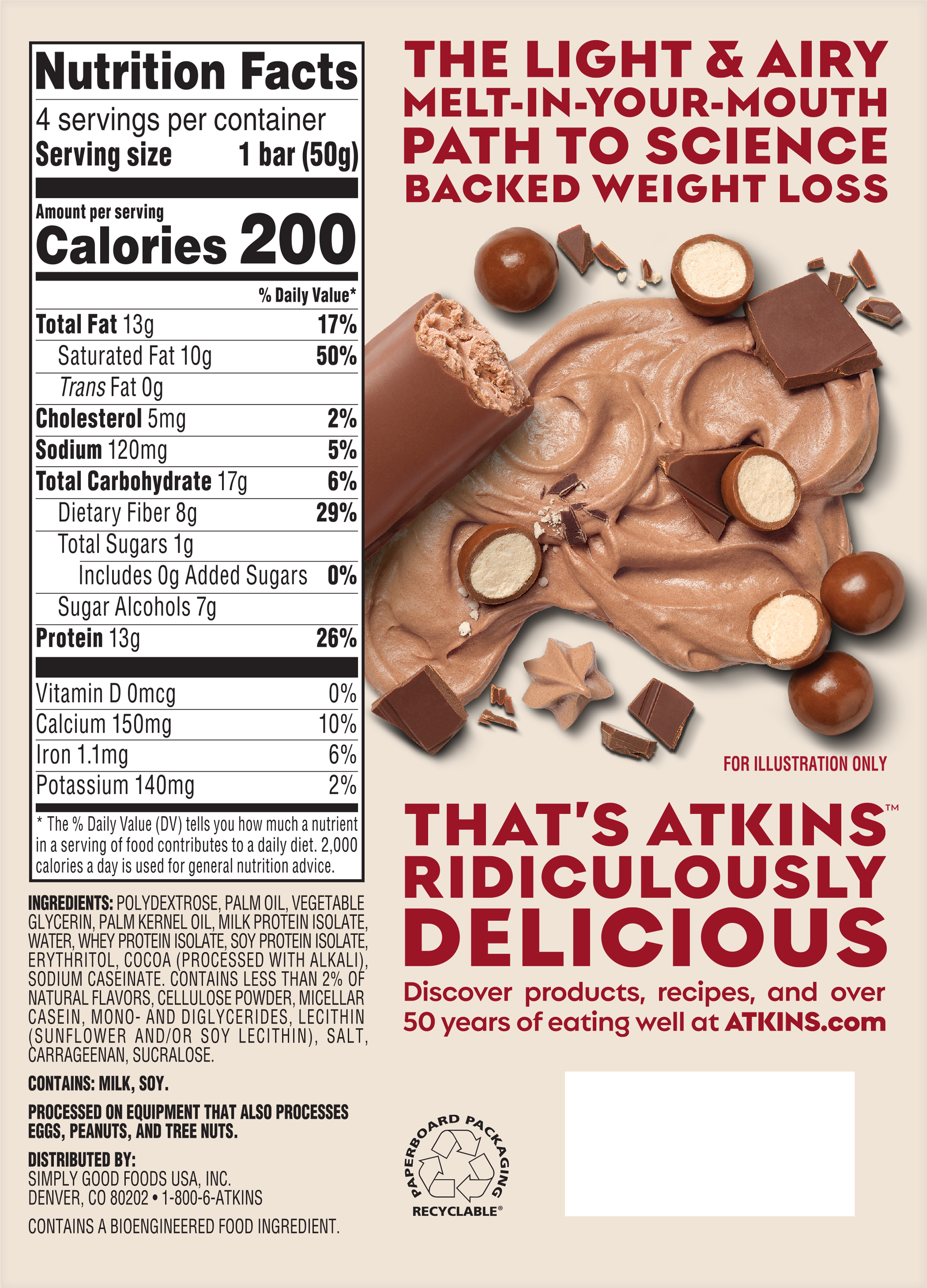 Nutritional label for an Atkins product displays key information, including calories and ingredients, alongside a visually appealing arrangement of chocolate bars and candies.