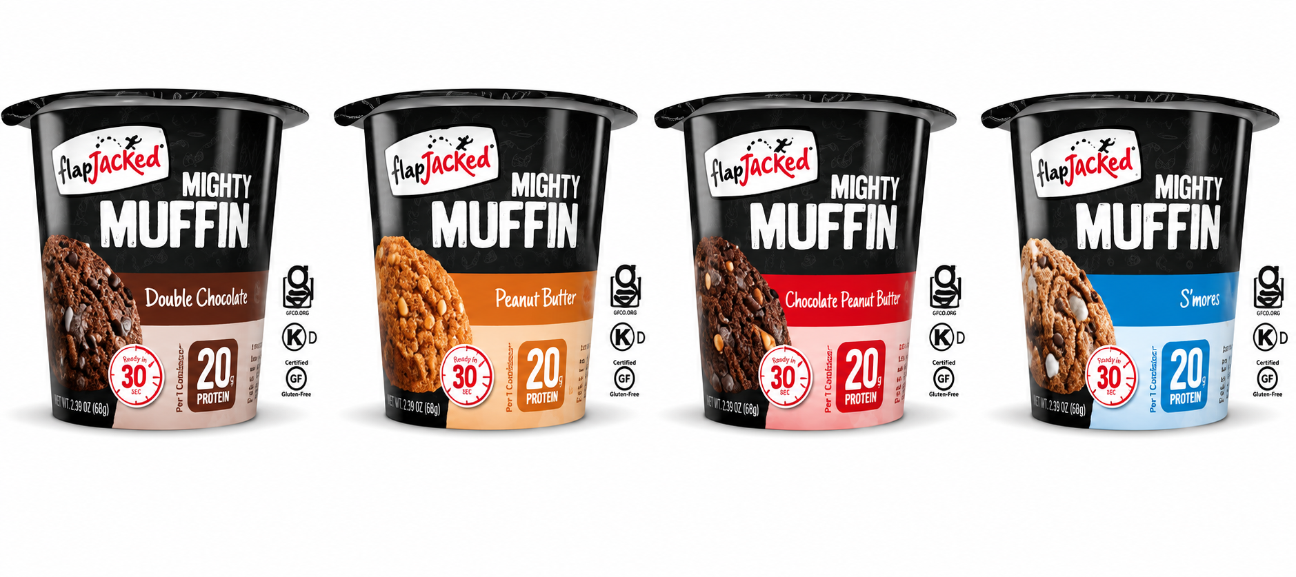 Four varieties of FlapJacked Mighty Muffin cups are displayed, featuring flavors: Double Chocolate, Peanut Butter, Chocolate Peanut Butter, and S'mores, each highlighting 20 grams of protein and gluten-free certification.