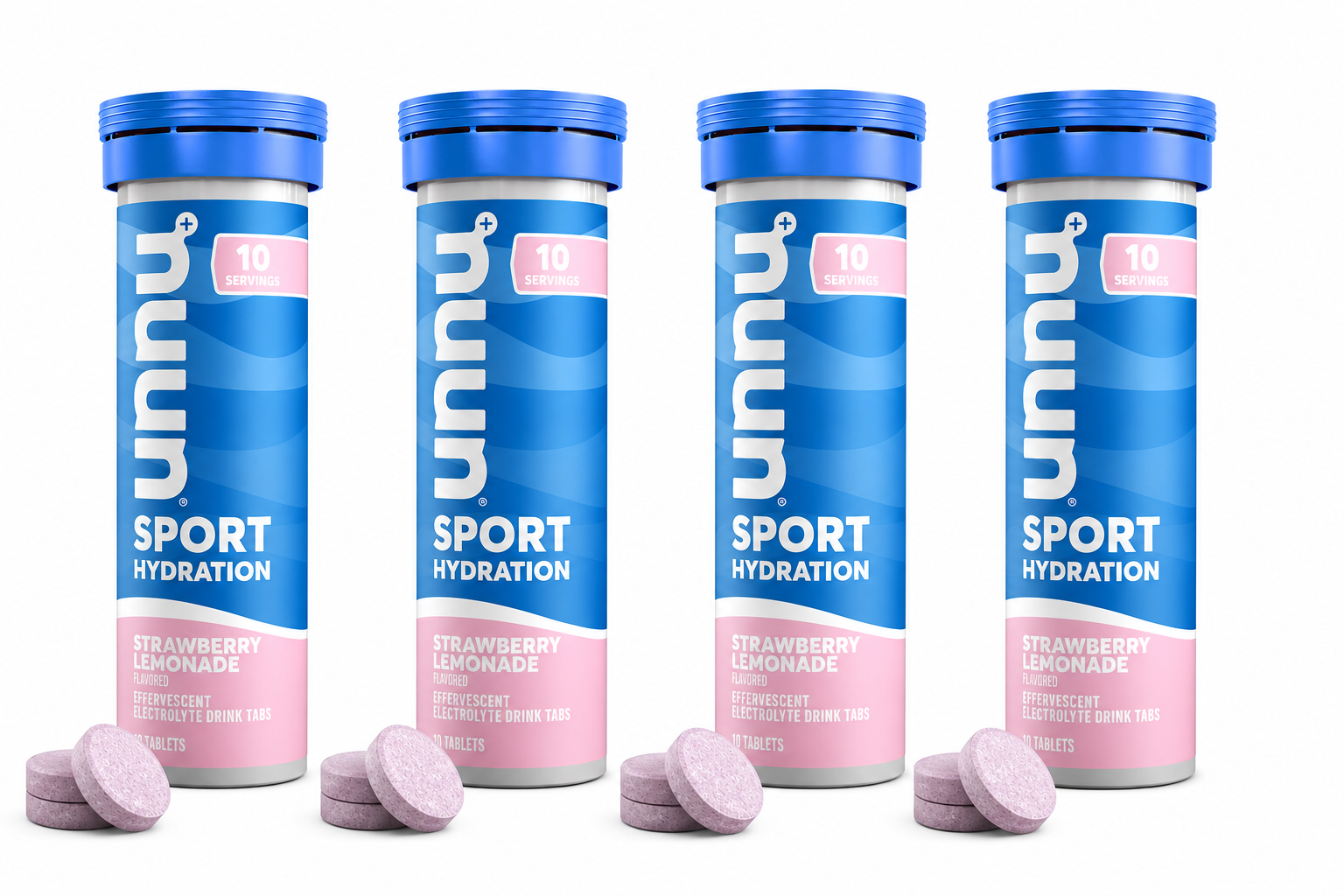 Four blue containers of "nuun Sport Hydration" with pink labels, each containing 10 servings of strawberry lemonade effervescent electrolyte tablets, are displayed alongside three pink tablets.