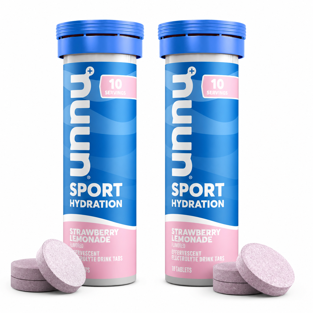 Two cylindrical containers of strawberry lemonade-flavored effervescent electrolyte drink tabs are displayed alongside three loose tablets, emphasizing hydration for sports.