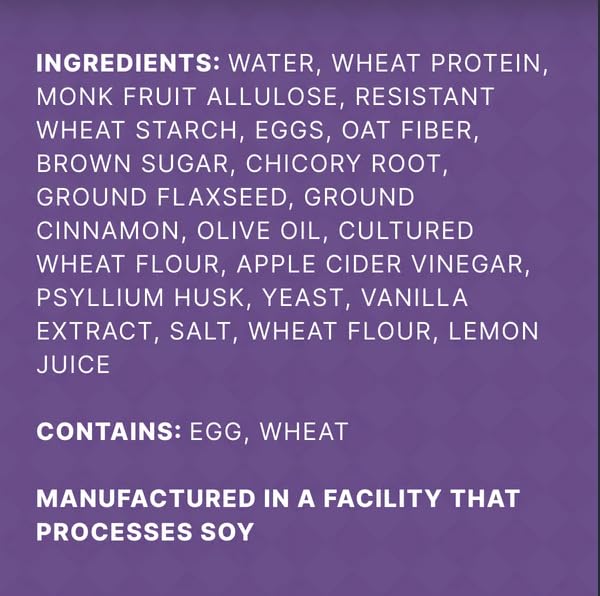A purple background displays a list of ingredients for a food product, including water, wheat protein, and eggs, along with allergen information about egg and wheat, and a note about soy processing.