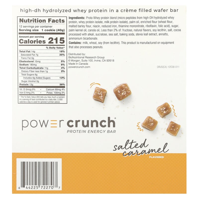 The back of a Power Crunch protein energy bar package displays nutrition facts, ingredients, and a "salted caramel" flavor label, with small caramel pieces scattered across a white background.