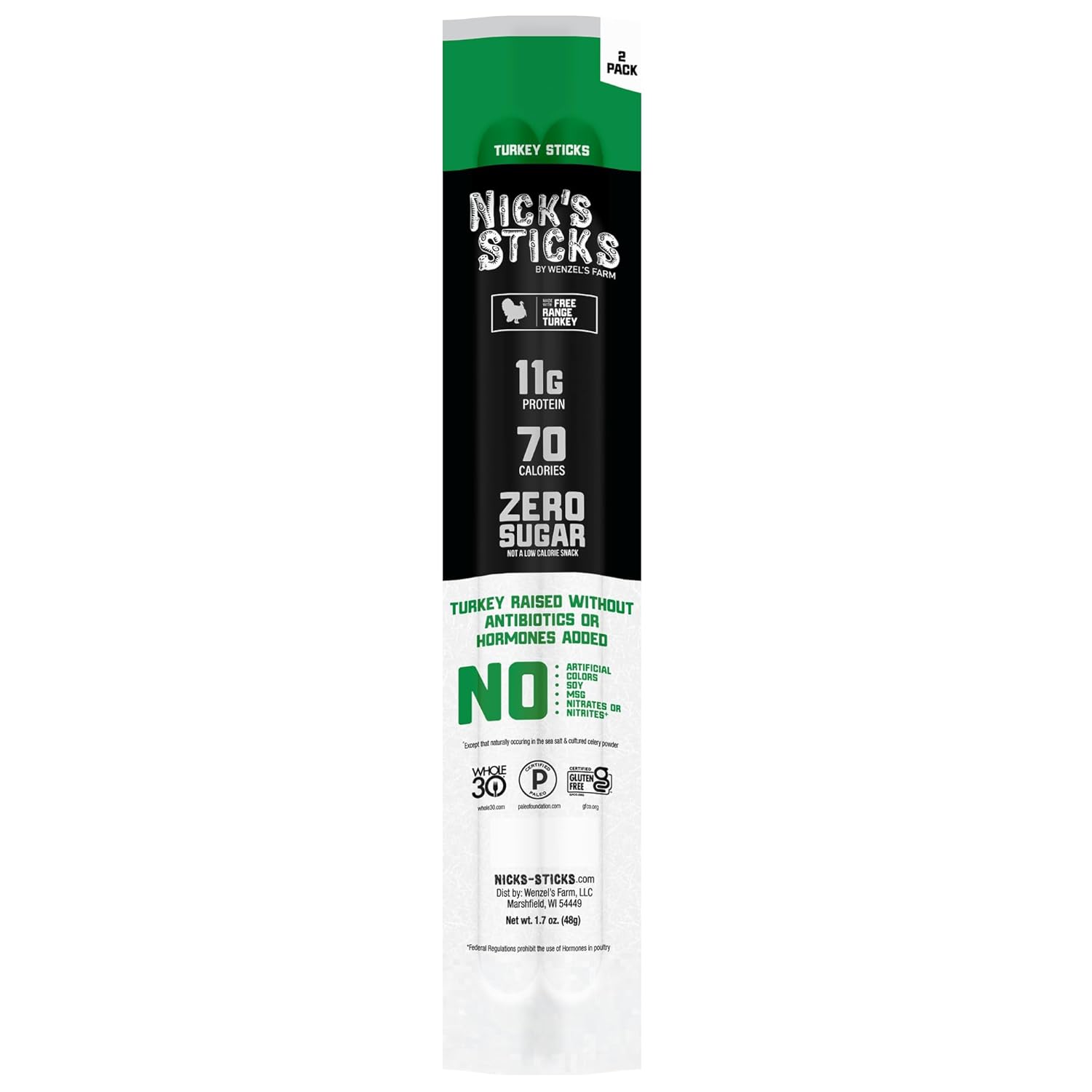 A package of Nick's Sticks turkey sticks features bold text highlighting 11 grams of protein, 70 calories, zero sugar, and a commitment to no antibiotics or hormones, with a green and black design.