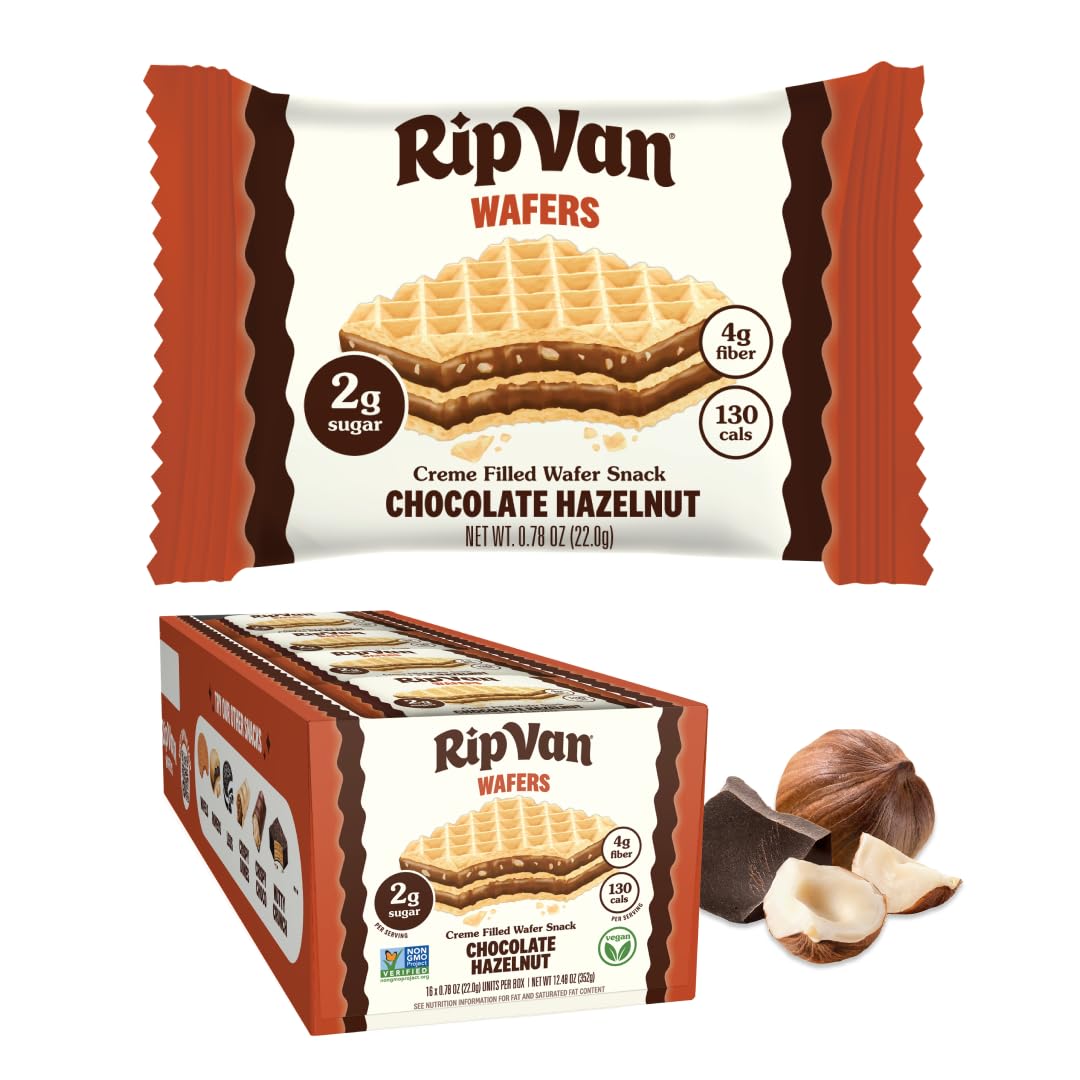 Chocolate hazelnut wafer snack packaging displays a single wafer with cream filling and nutritional information, alongside a box containing multiple wafers and hazelnuts.